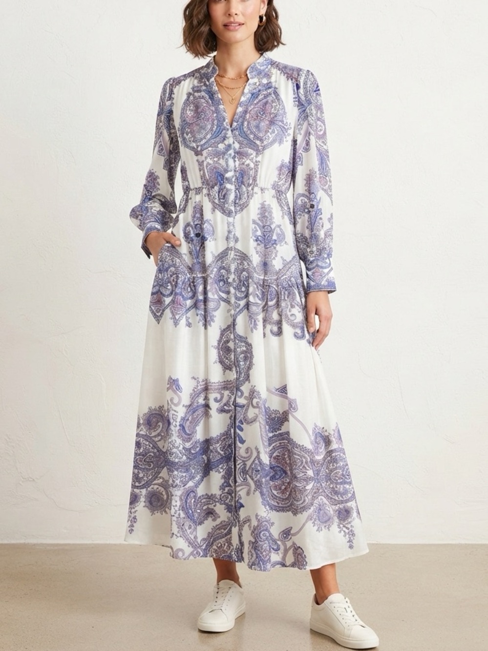 Jus de Pom Purple Paisley Maxi Dress Size M/L V-Neck Tiered Boho Long Sleeve🩷